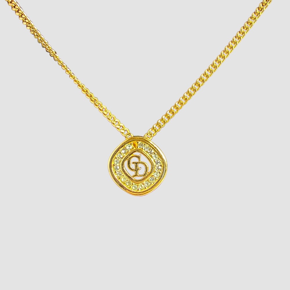 Christian‎ Dior Necklace Women's Gold Rhinestone Vintage CD Logo Pendant
